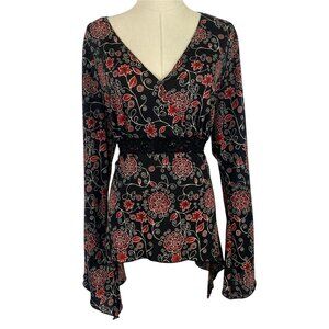Vintage 90s Fashion Bug XL Black Red Floral Wrap Babydoll Flare Sleeve Blouse